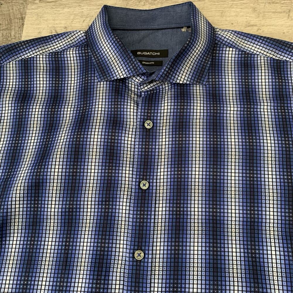 BUGATCHI Shaped Fit Long Sleeved Blue Geometric Pattern Button Up Shirt Mens XL